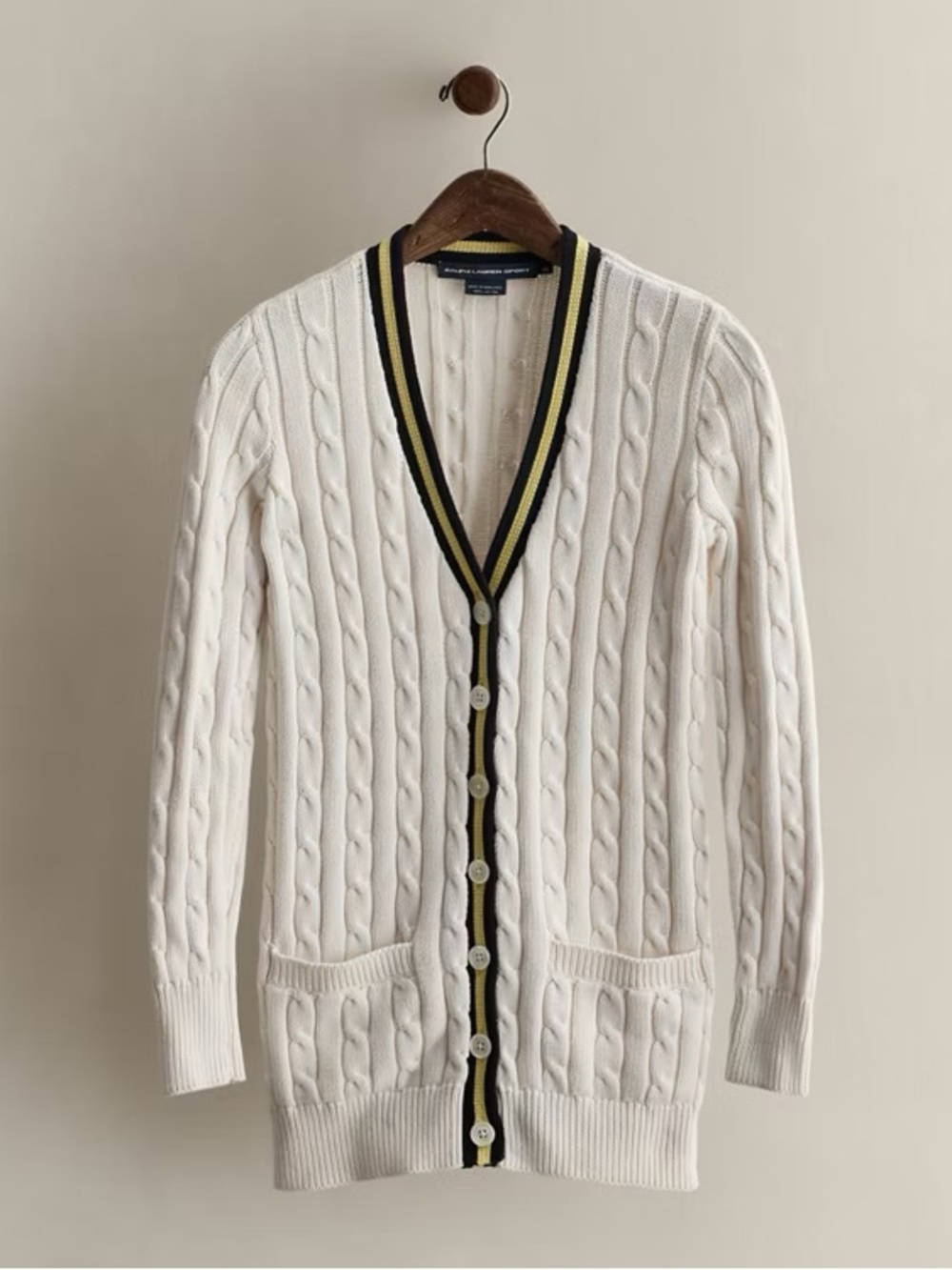Ralph Lauren Sport XL Cream Cable-Knit Cardigan with Navy & Gold Trim - Picture 2 of 7